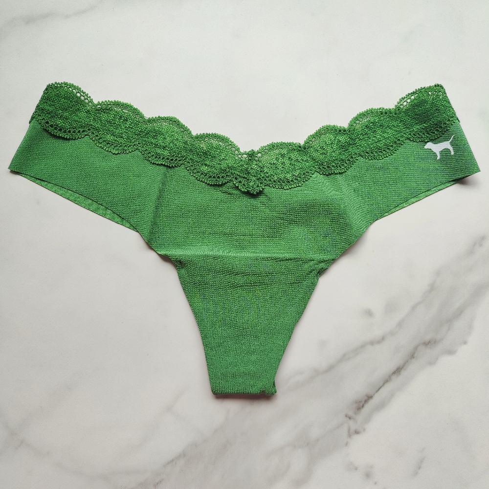 NWT PINK VICTORIA'S SECRET LACE WAISTBAND NO-SHOW THONG PANTY IN FOREST PINE SMA